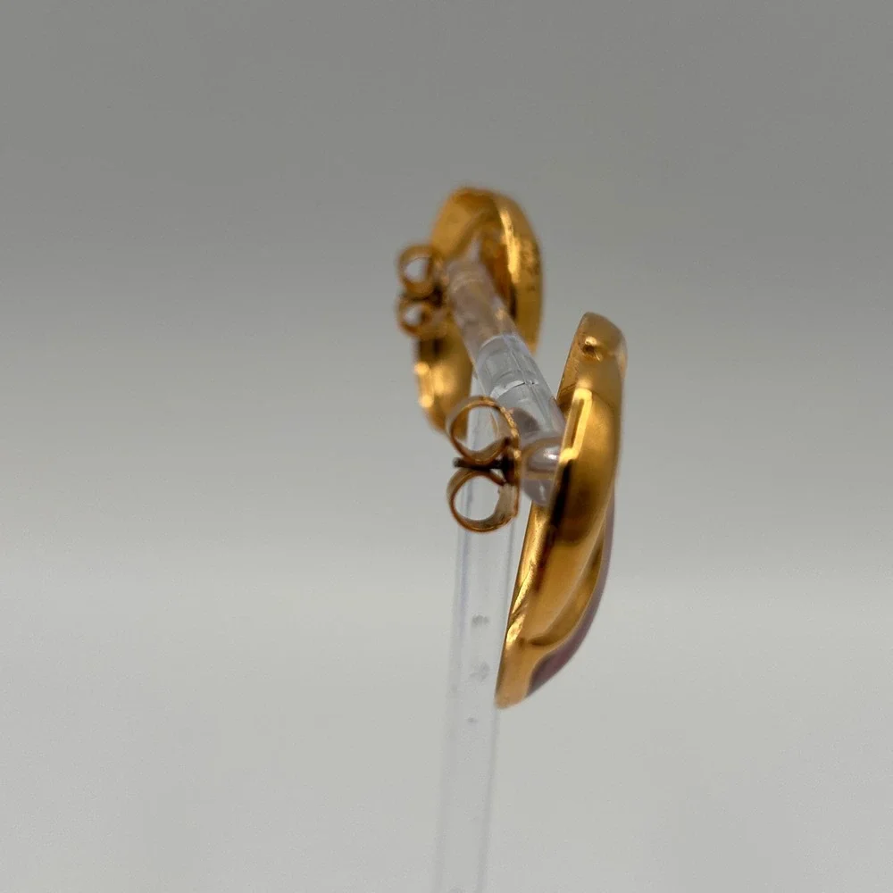 Vintage Gold Tone Red Enamel Swirl Stud Earrings Retro Statement Jewelry